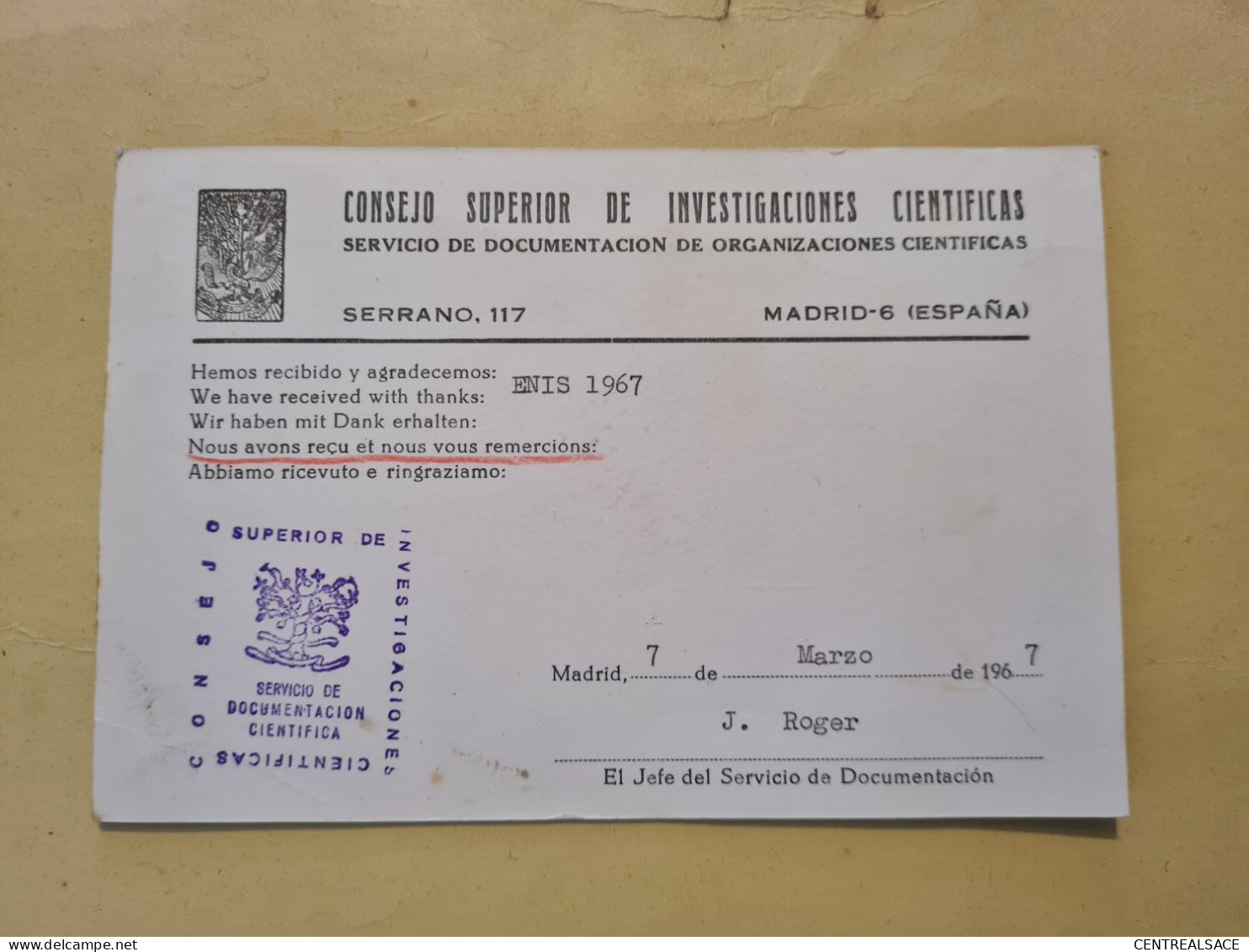 Lettre 1967 CARTE FLAMME MADRID CONSEJO SUPERIOR DE INVESTIGACIONES CIENTIFICAS - Covers & Documents