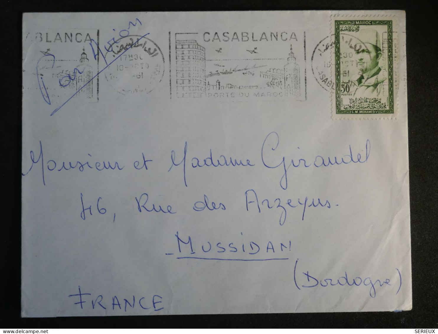 DO12  MAROC   BELLE  LETTRE    1961  CASABLANCA A  MUSSIDAN   + AFF. INTERESSANT+++ - Covers & Documents