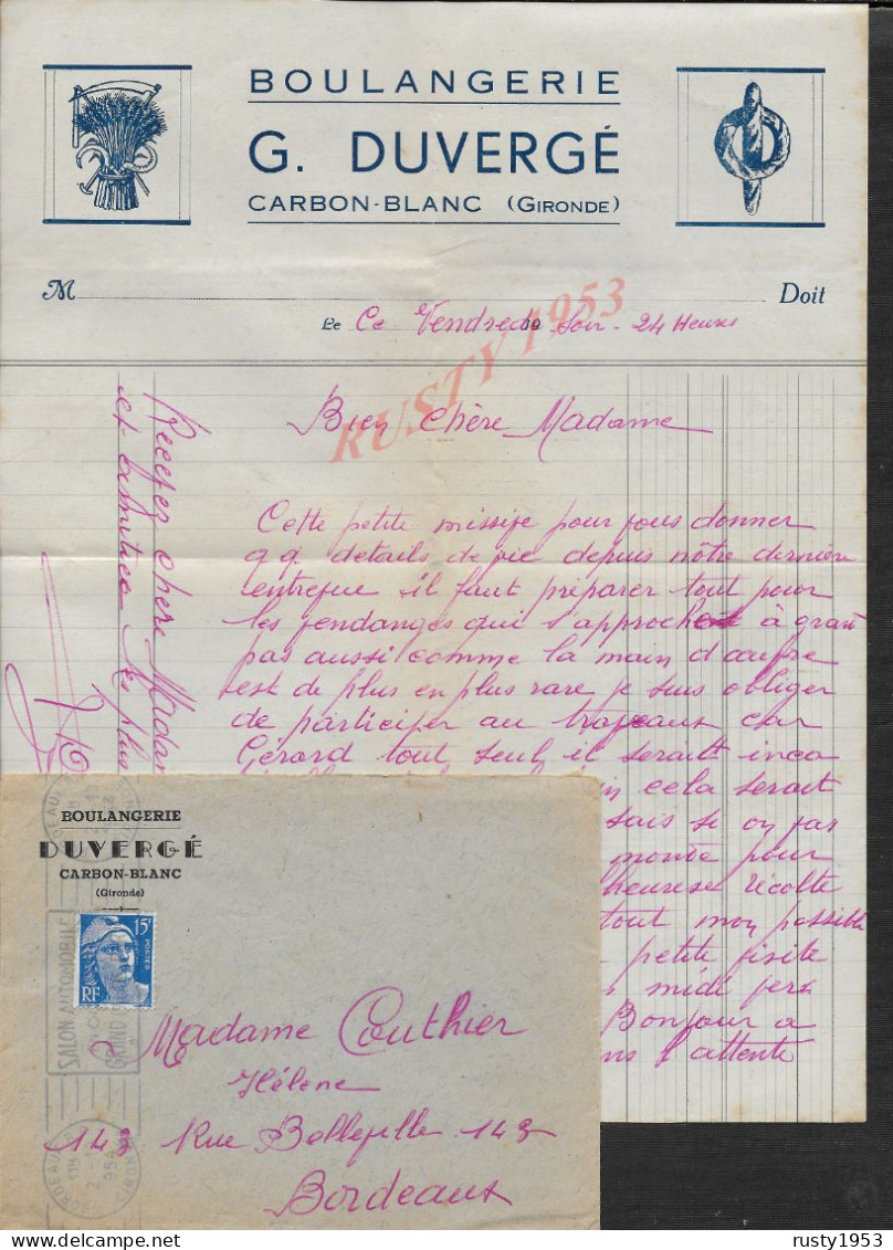 FACTURE ILLUSTRÉE DE G DUVERGÉ BOULANGERIE G DUBERGÉ À CARBON BLANC 33 + ENVELOPPE : - Alimentos