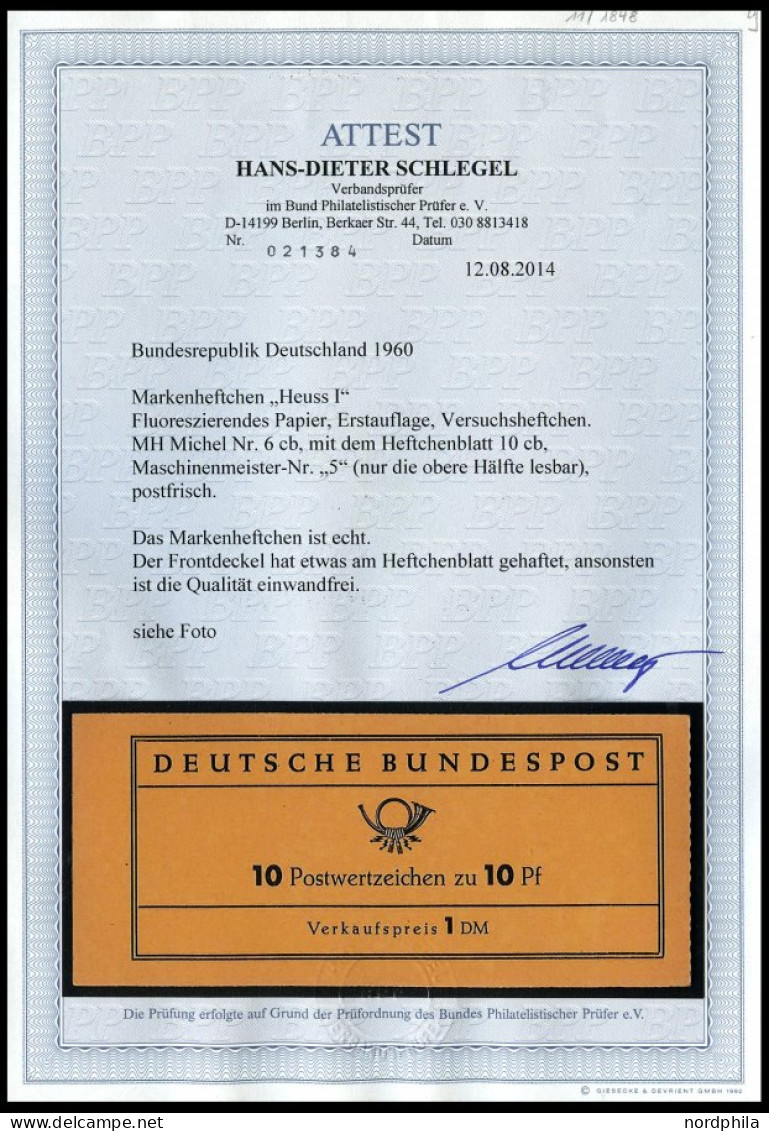 ZUSAMMENDRUCKE MH 6cb **, 1960, Markenheftchen Heuss Lumogen, Erstauflage, Mit Druckereizeichen 5 (nur Die Obere Hälfte  - Sonstige & Ohne Zuordnung