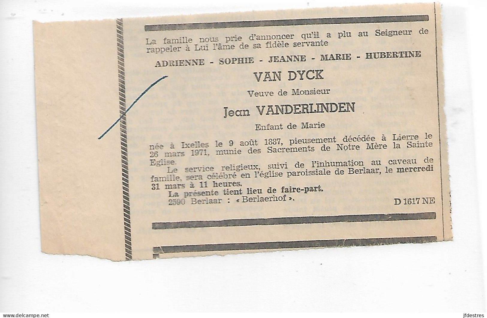 FP Nécrologie Adrienne Van Dijk Vve Jean Vanderlinden Lierre 1971 - Obituary Notices