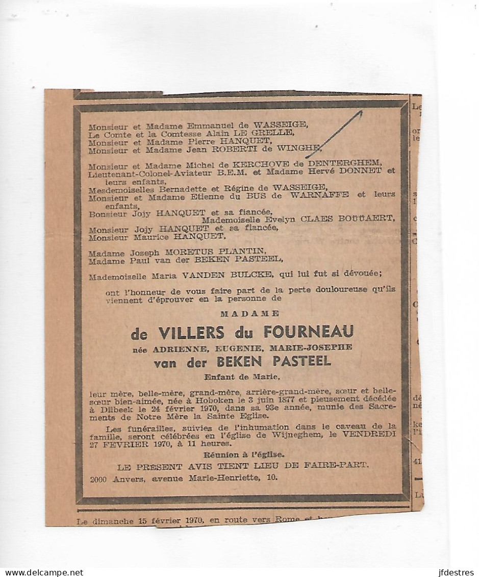 FP Nécrologie Adrienne Van Der Beken Pasteel épse De Villers Du Fourneau Dilbeek 1970 - Obituary Notices