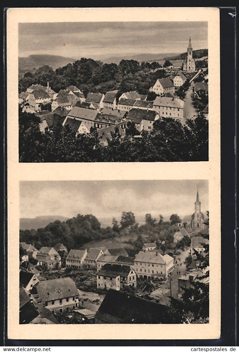 AK Bad Berggiesshübel, Teilansicht Aus Der Vogelschau, Vor Und Nach Der Katastrophe Am 8. /9. Juli 1927  - Überschwemmungen