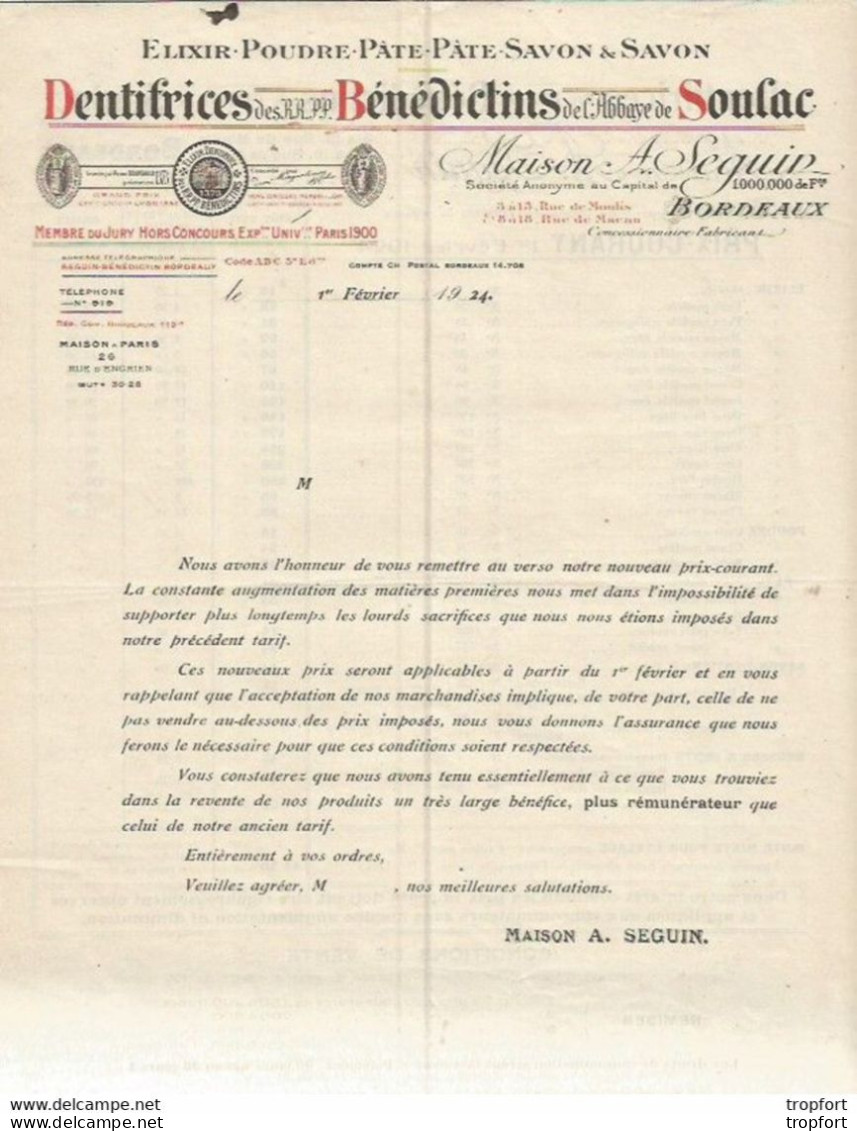 F 15 Cpa / Old Invoice Facture Ancienne Lettre DENTIFRICE BENEDICTINS Abbaye De SOULAC 1924 Dent Dentiste Savon - Old Professions