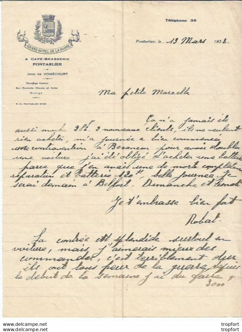 F 15 Cpa / Fold Invoice Facture Ancienne Lettre PONTARLIER Café Brasserie GRAND HOTEL De La POSTE 1936 - Petits Métiers