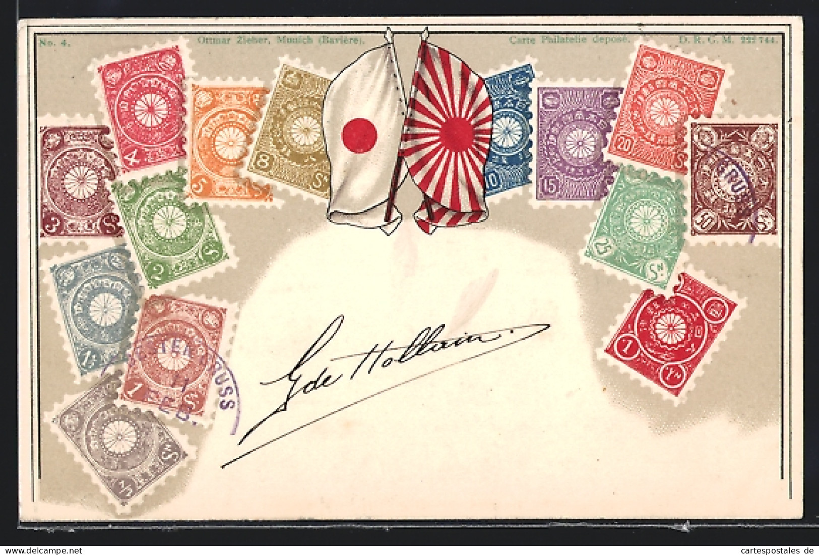 AK Briefmarken Japans Mit Flaggen  - Francobolli (rappresentazioni)