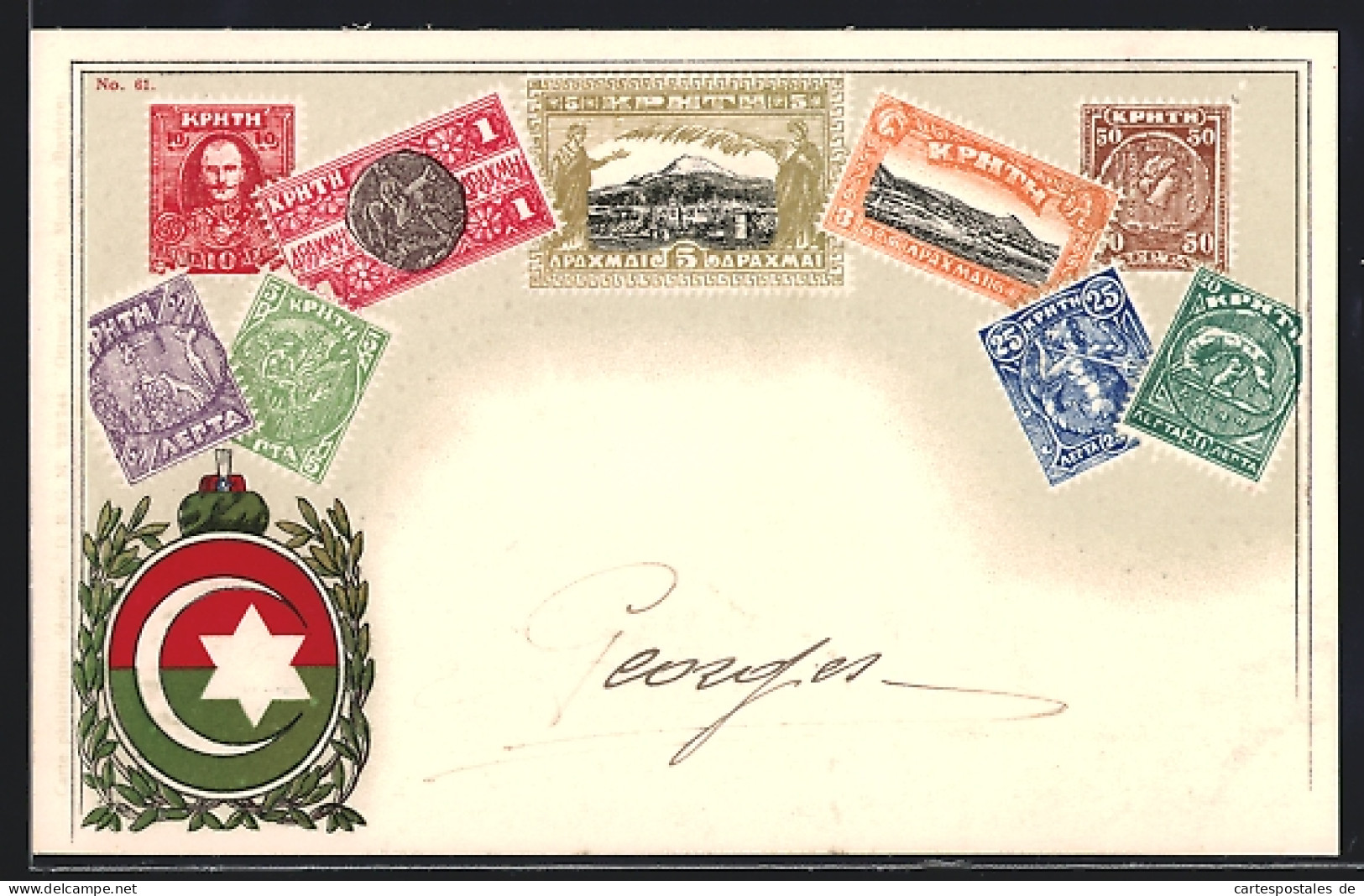 AK Kreta, Briefmarken Mit Darauf Abgebildeten Persönlichkeiten, Fabelwesen Und Landschaften, Wappen  - Stamps (pictures)