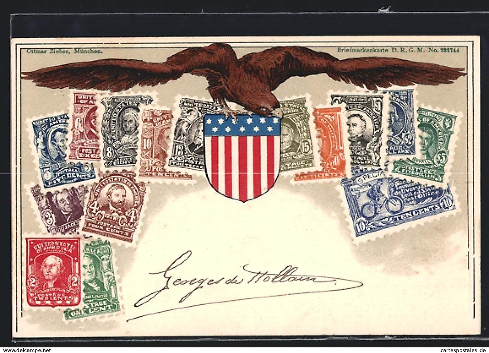 AK Amerikanische Briefmarken, Wappen, Adler  - Francobolli (rappresentazioni)
