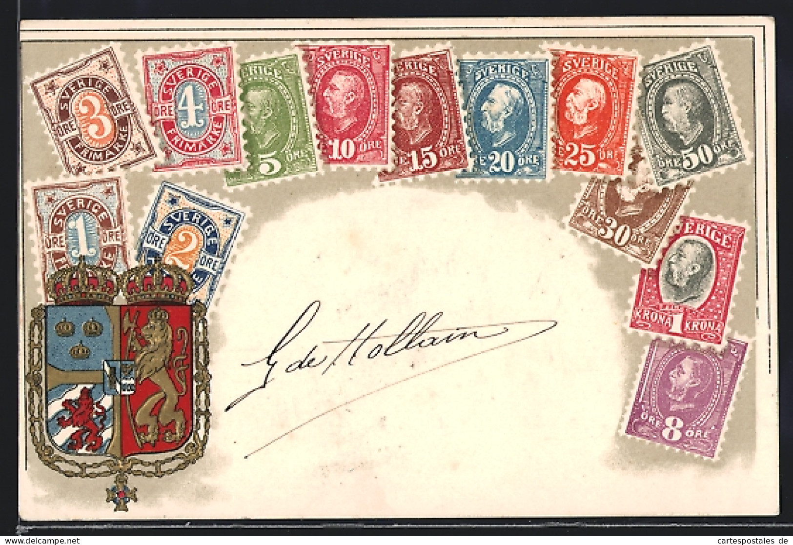 Präge-Lithographie Sverige, Wappen Und Briefmarken  - Briefmarken (Abbildungen)