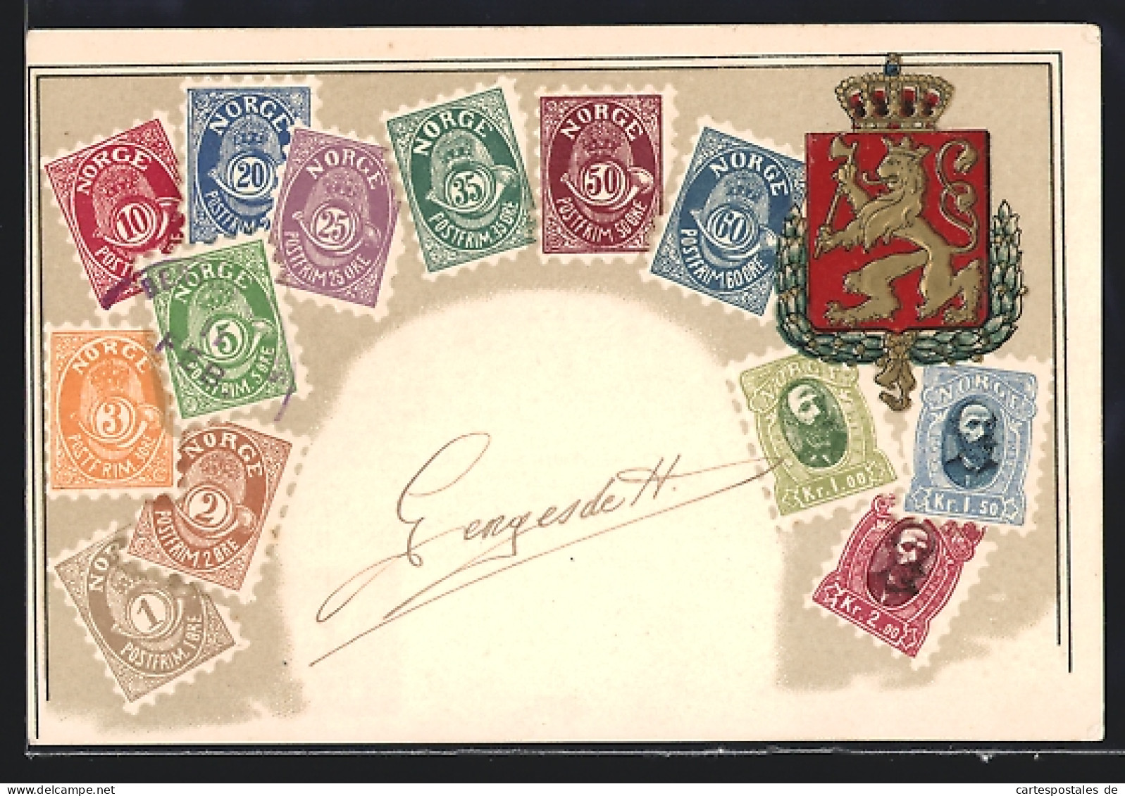 Präge-Lithographie Norge, Wappen Und Briefmarken  - Briefmarken (Abbildungen)