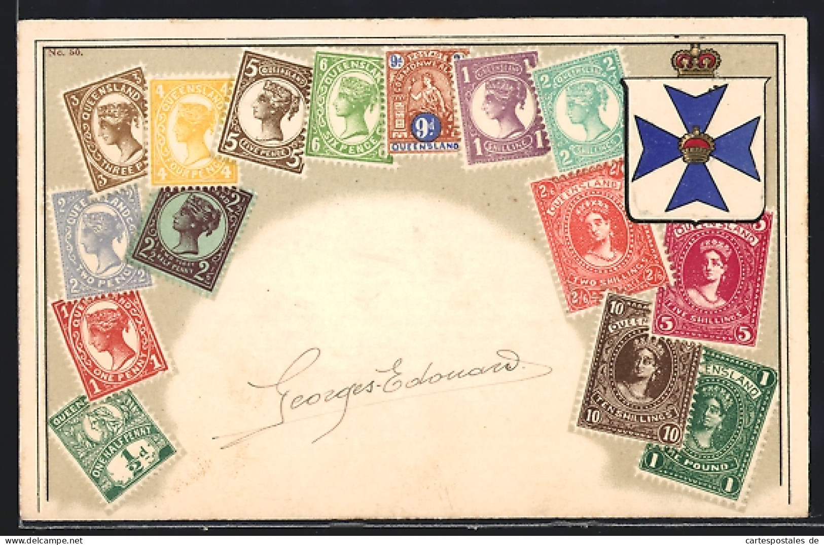 Präge-Künstler-AK Queensland, Wappen Und Briefmarken  - Briefmarken (Abbildungen)