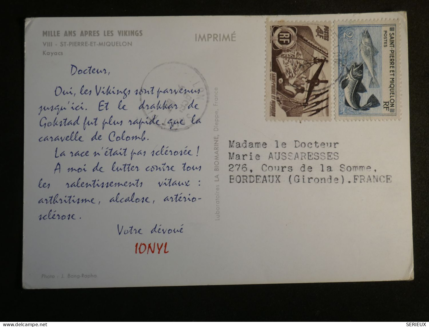 DO12  ST PIERRE MIQUELON    BELLE CARTE IONYL    1958 A  BORDEAUX FRANCE +ESQUIMAUX     + AFF. INTERESSANT+++ - Briefe U. Dokumente