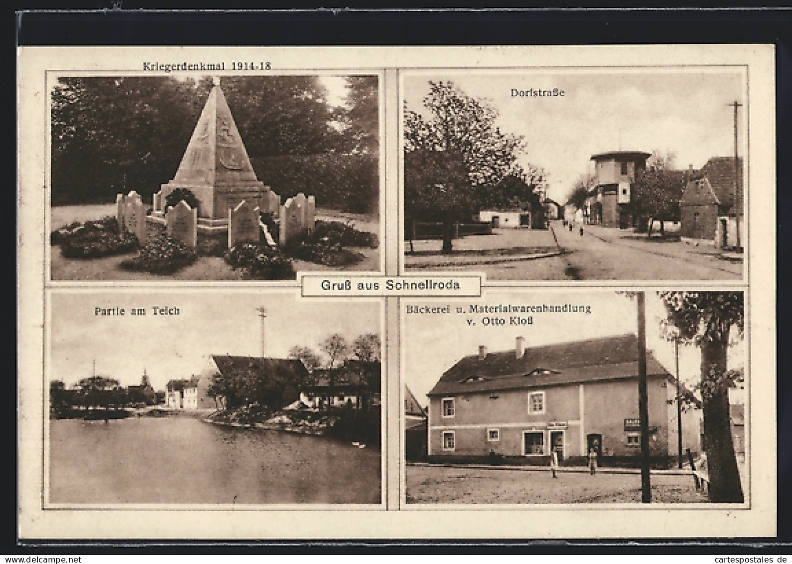 AK Schnellroda, Kriegerdenkmal 1914-18, Dorfstrasse, Bäckerei Und Materialwarenhandlung Otto Kloss  - Autres & Non Classés