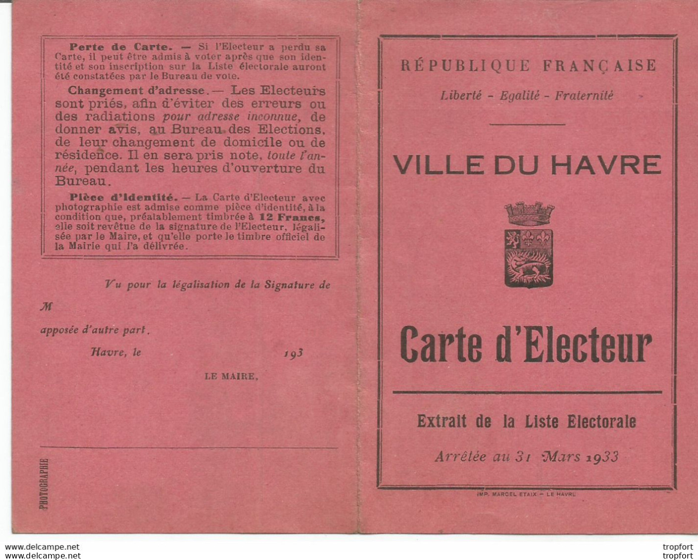 F14 Cpa / Carte Ancienne ELECTEUR LE HAVRE 1934 Election - Historical Documents