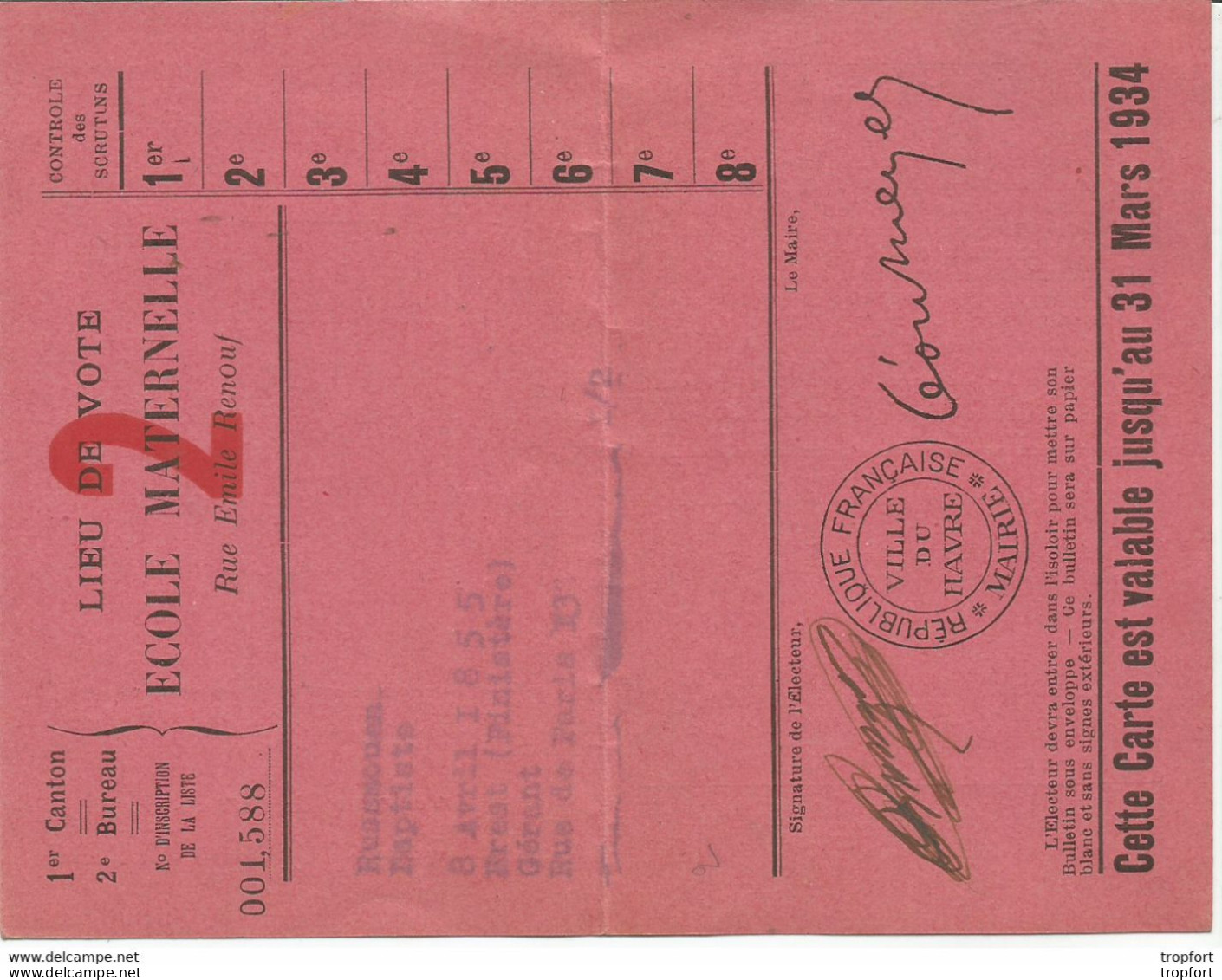 F14 Cpa / Carte Ancienne ELECTEUR LE HAVRE 1934 Election - Historical Documents