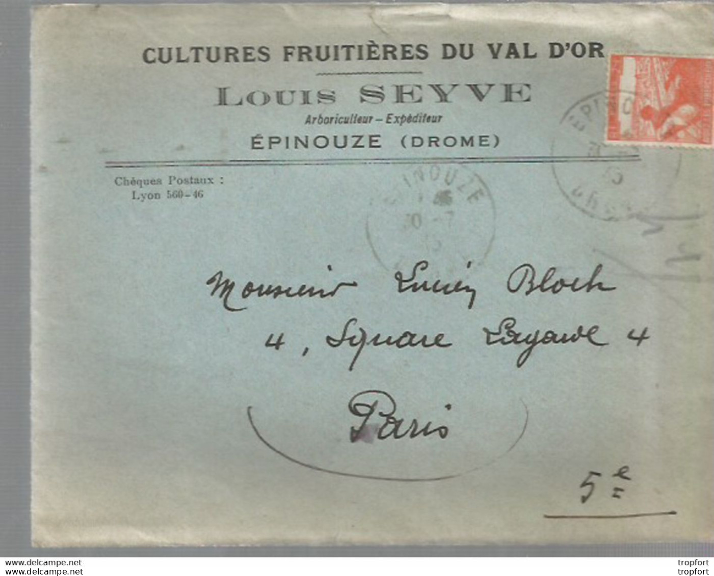 F12 / Enveloppe Publicitaire Cultures Fruitieres Du Val D'or Louis SEYVE EPINOUZE Drome Timbre Tuberculeux - Reclame