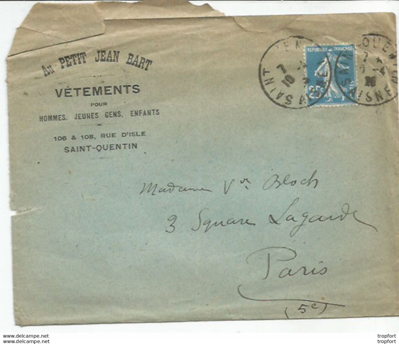 F12 / Enveloppe Publicitaire AU PETIT JEAN BART SAINT-QUENTIN Timbre Marianne 1926 - Reclame
