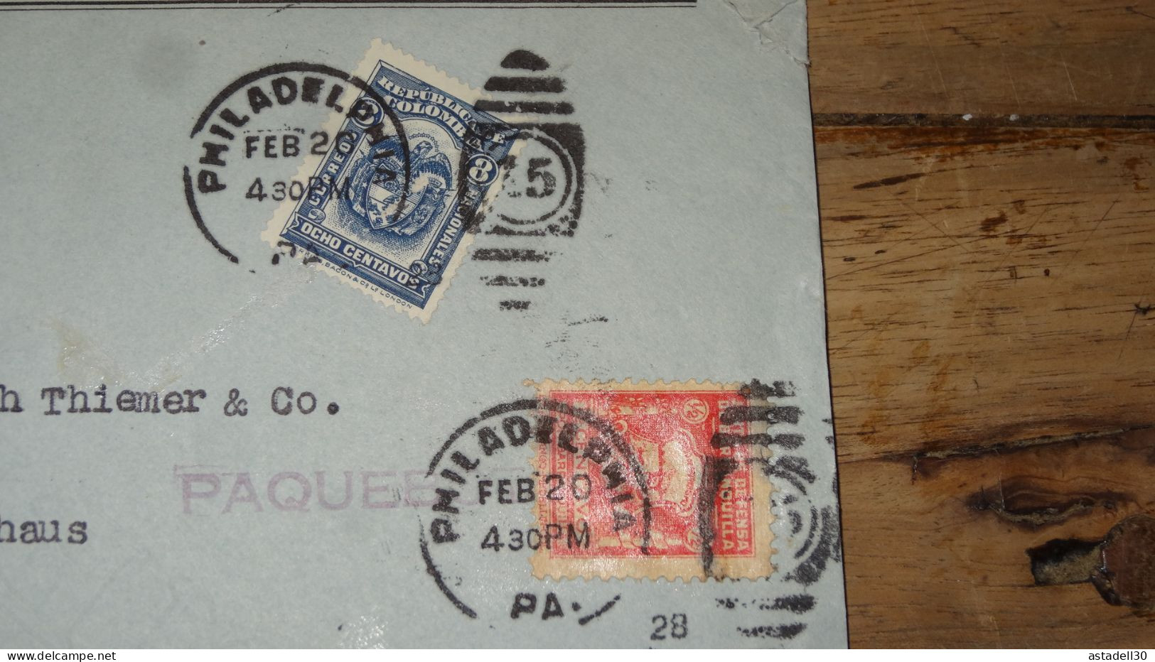 Enveloppe COLOMBIE, Cachet Philadelphia, Griffe PAQUEBOT - 1920   ......... Boite1 ...... 240424-41 - Colombie