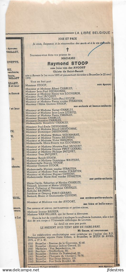 FP Nécrologie La Libre Belgique Jane Van Der Avoort épse Raymond Stoop Bruxelles 1979 - Décès