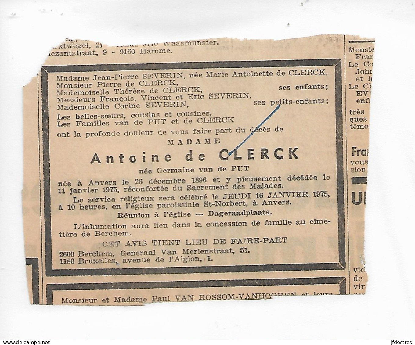 FP Nécrologie Germaine Van De Put épse Antoine De Clerck Anvers 1975 - Obituary Notices