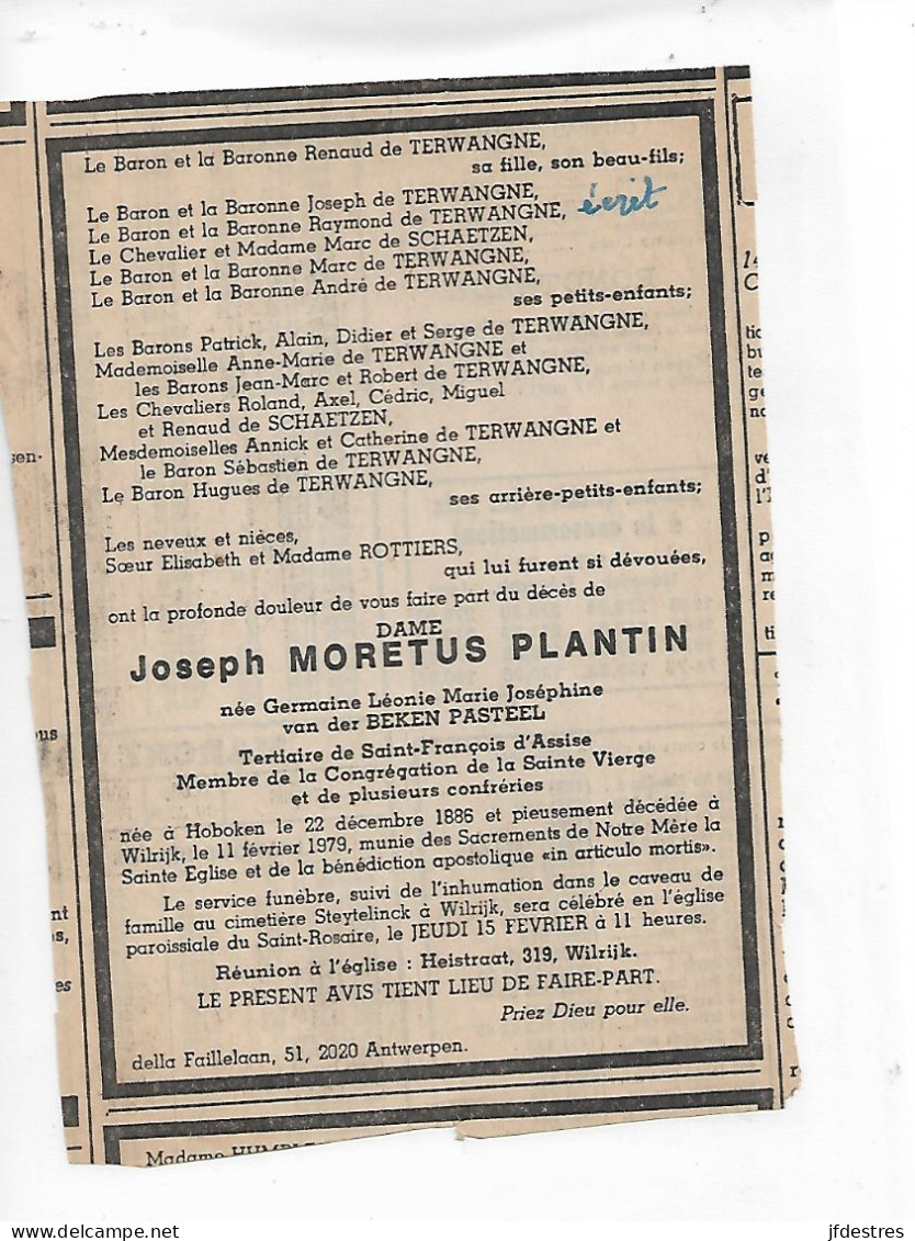 FP Nécrologie Germaine Van Der Beken Pasteel épse Joseph Moretus Plantin Wilrijk 1979 - Obituary Notices