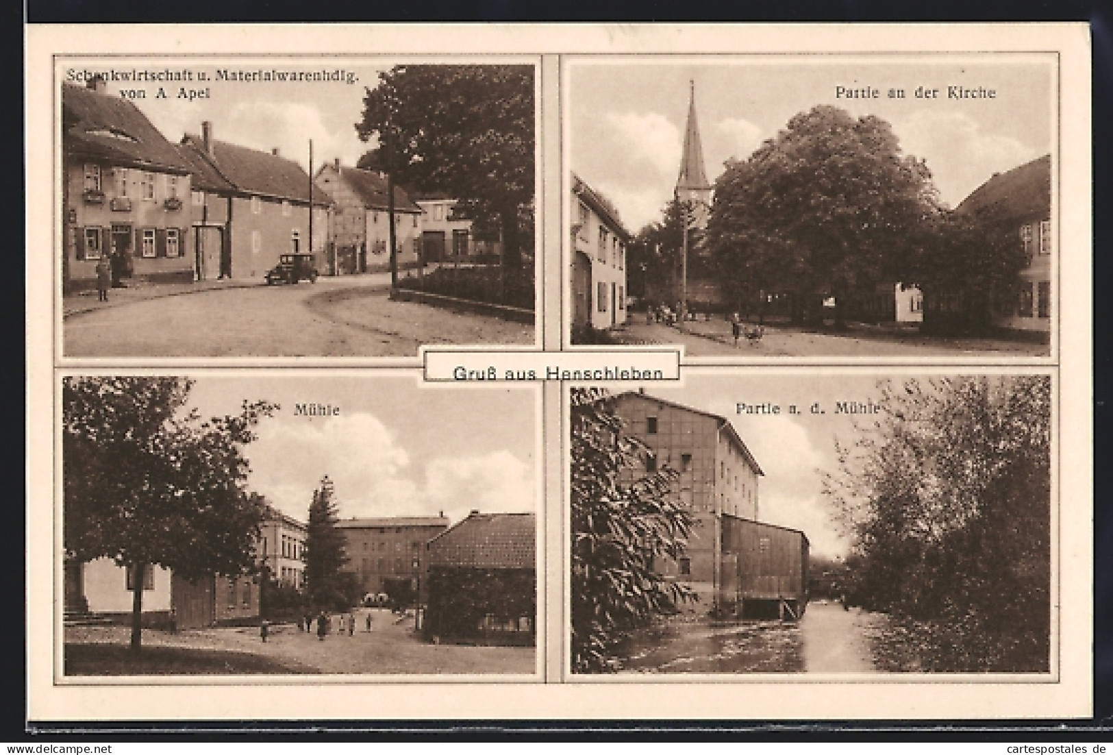 AK Henschleben, Kirche, Mühle, Schankwirtschaft Und Materialwarenhandlung A. Apel  - Autres & Non Classés