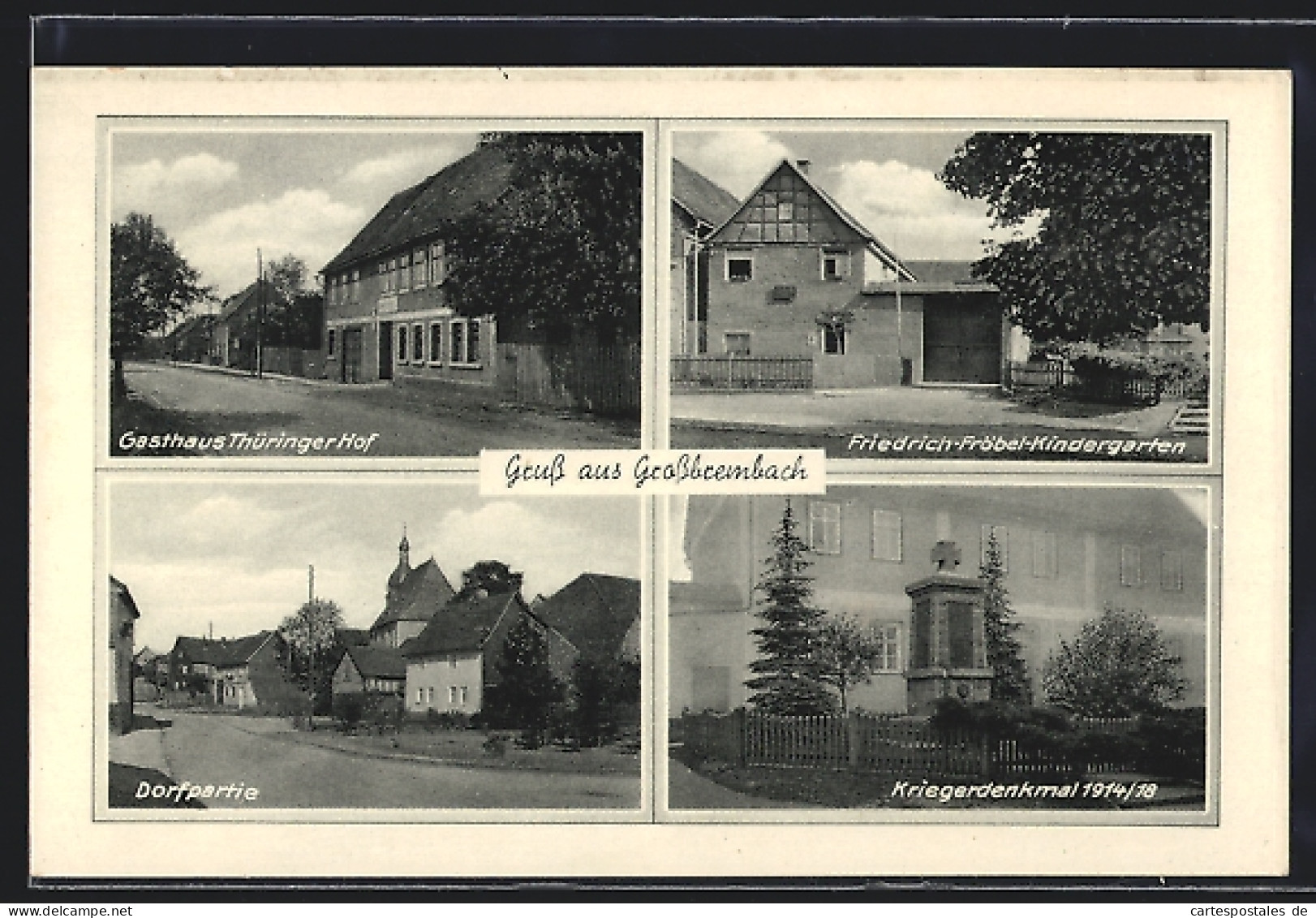 AK Grossbrembach, Gasthaus Thüringer Hof, Friedrich-Fröbel-Kindergarten, Kriegerdenkmal  - Other & Unclassified
