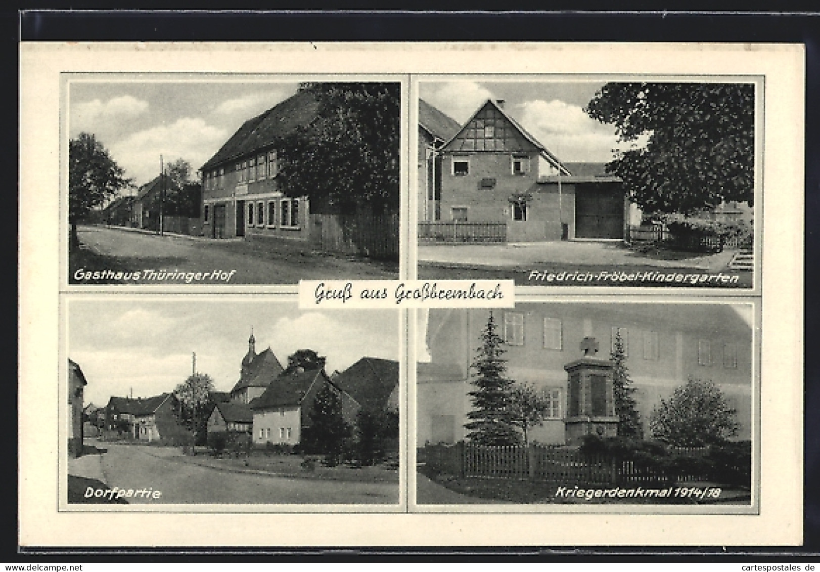 AK Grossbrembach, Gasthaus Thüringer Hof, Friedrich-Fröbel-Kindergarten, Kriegerdenkmal  - Autres & Non Classés