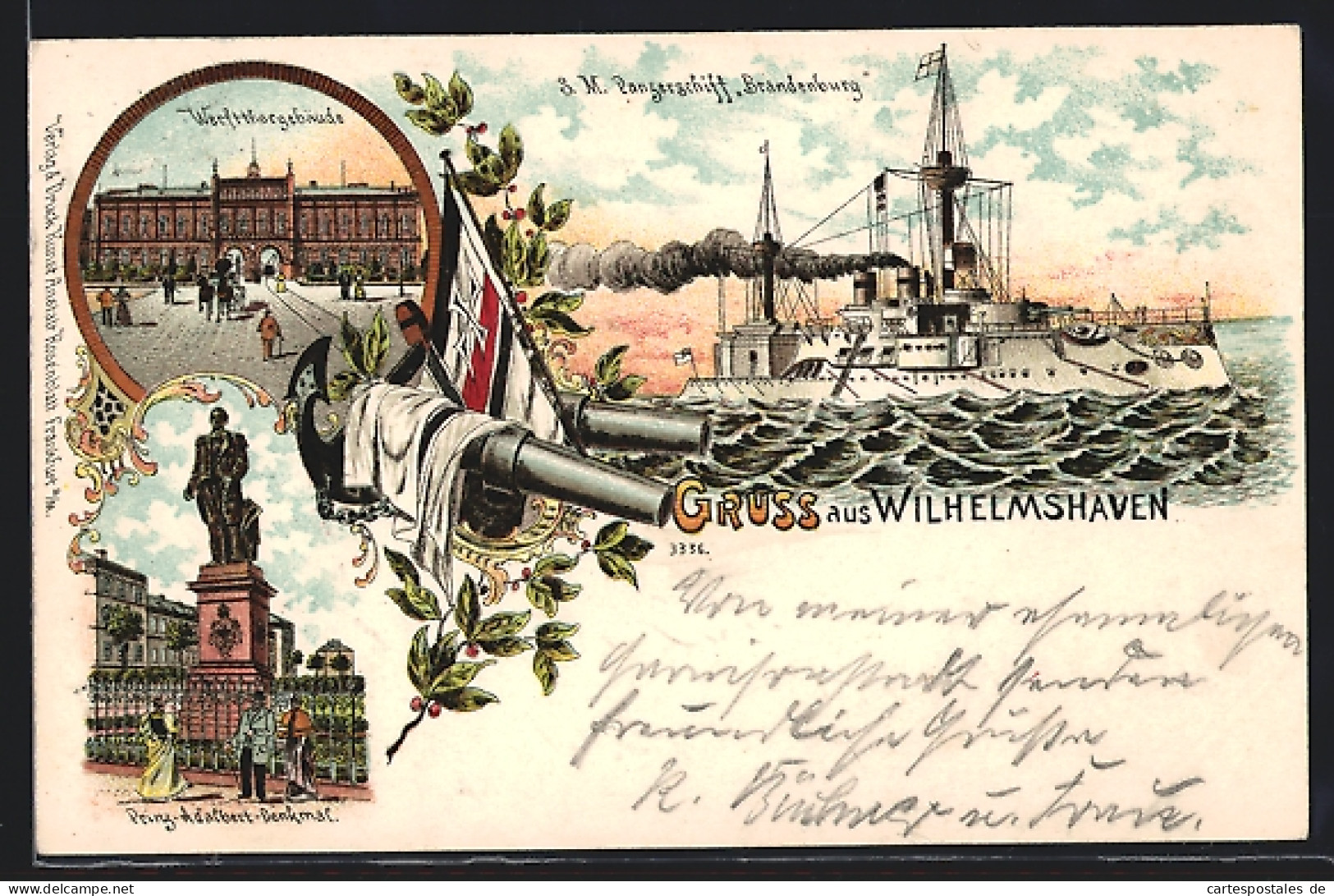 Lithographie Wilhelmshaven, Panzerschiff Brandenburg, Werftthorgebäude  - Wilhelmshaven