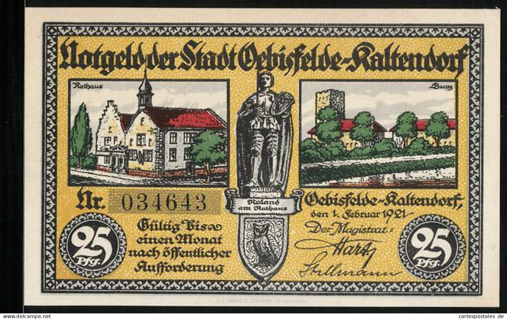 Notgeld Oebisfelde-Kaltendorf 1921, 25 Pfennig, Rathaus, Burg Und Roland Am Rathaus  - [11] Emissioni Locali