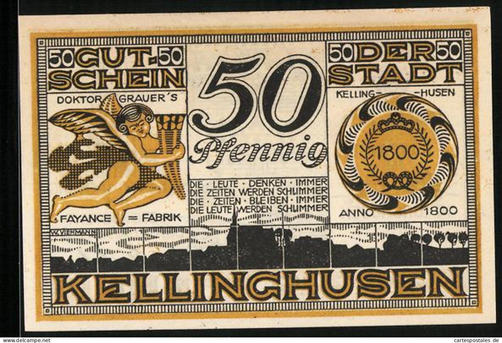 Notgeld Kellinghusen 1921, 50 Pfennig, Wappen, Doktor Grauer`s Fayance-Fabrik, Panorama, Gutschein  - [11] Emissioni Locali