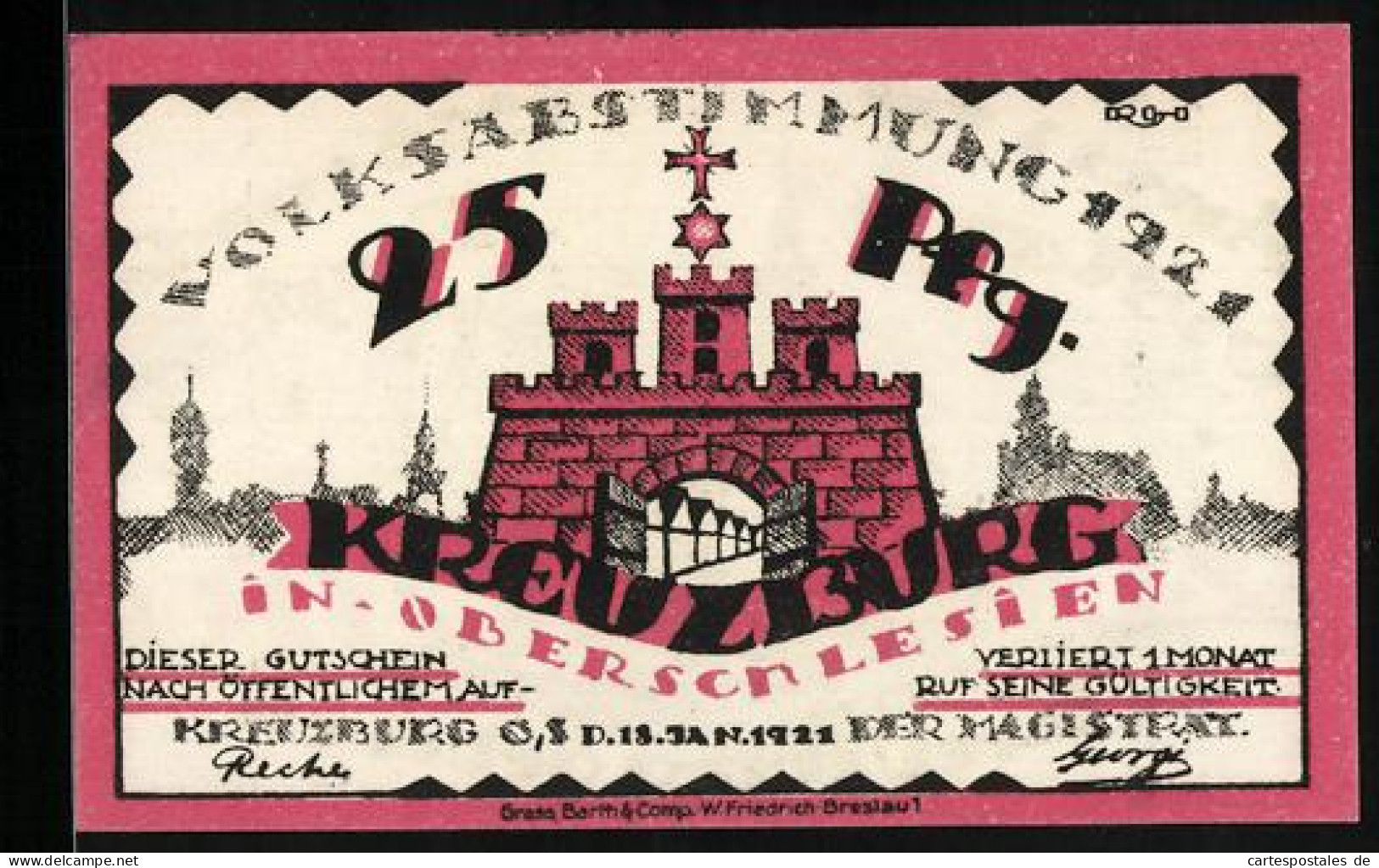 Notgeld Kreuzburg /O.-S. 1921, 25 Pfennig, Volksabstimmung 1921, Kirche, Geburtsort Von Gustav Freytag, Gutschein  - [11] Local Banknote Issues