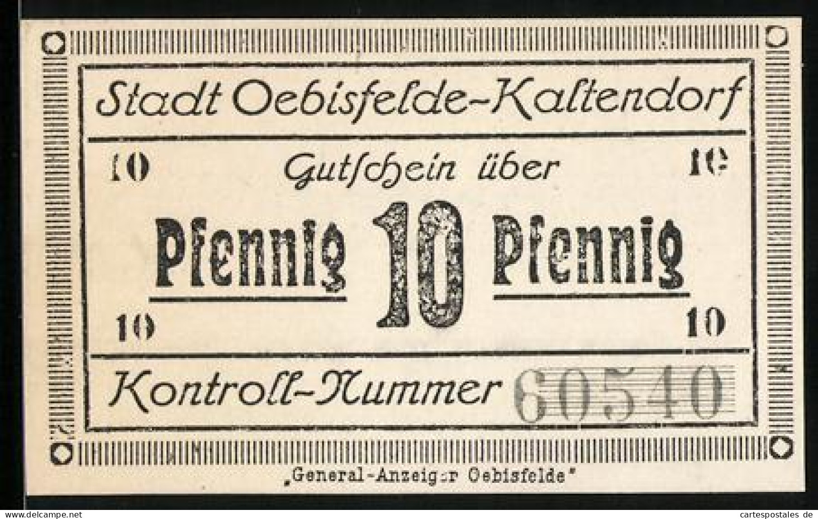 Notgeld Oebisfelde-Kaltendorf, 10 Pfennig, General-Anzeiger Oebisfelde U. Kontroll-Nummer, Stempel Mit Eule, Gutschein  - [11] Emissions Locales
