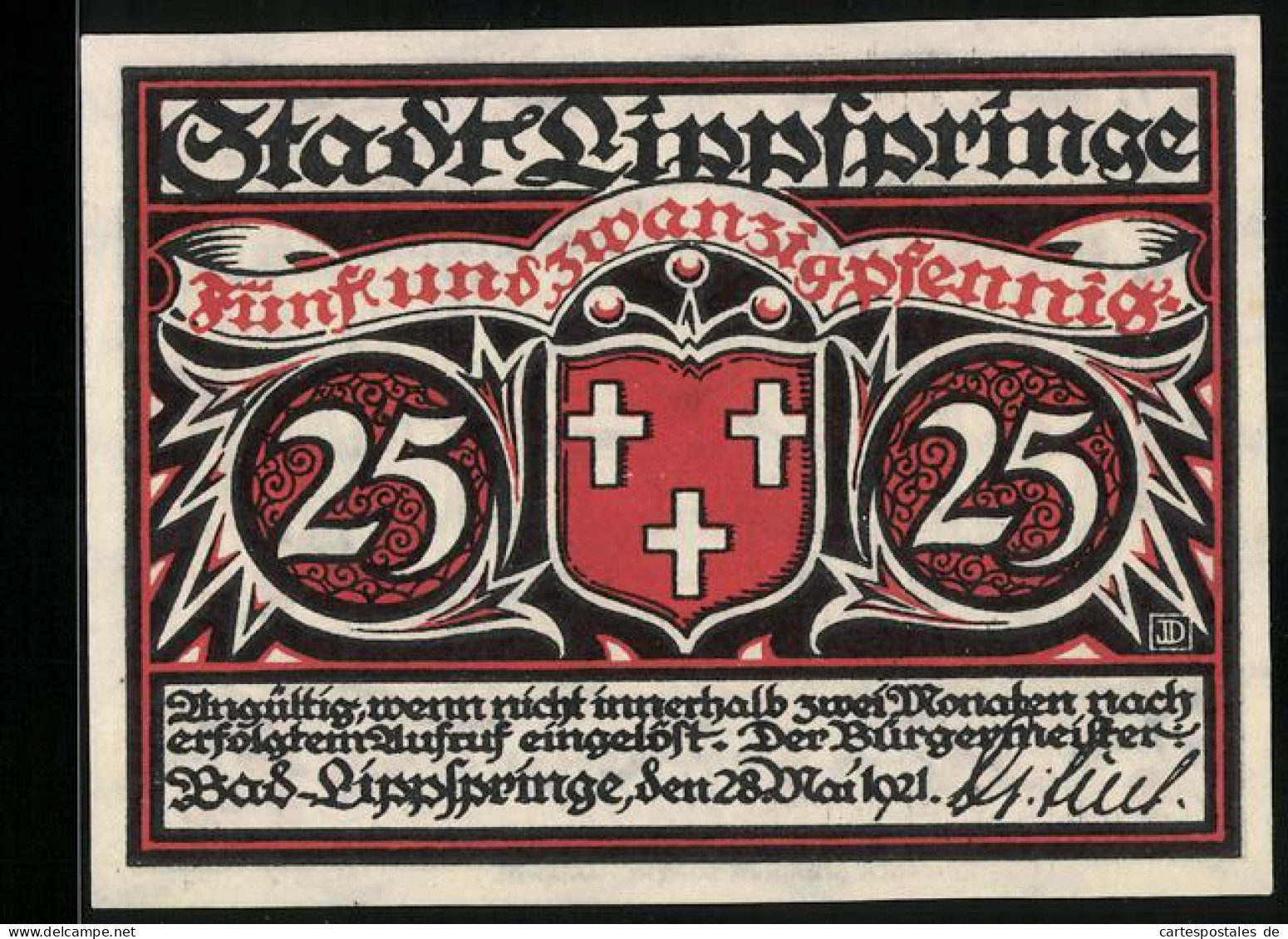 Notgeld Bad Lippspringe 1921, 25 Pfennig, Bauer Bei Der Feldarbeit, Wappen  - [11] Local Banknote Issues