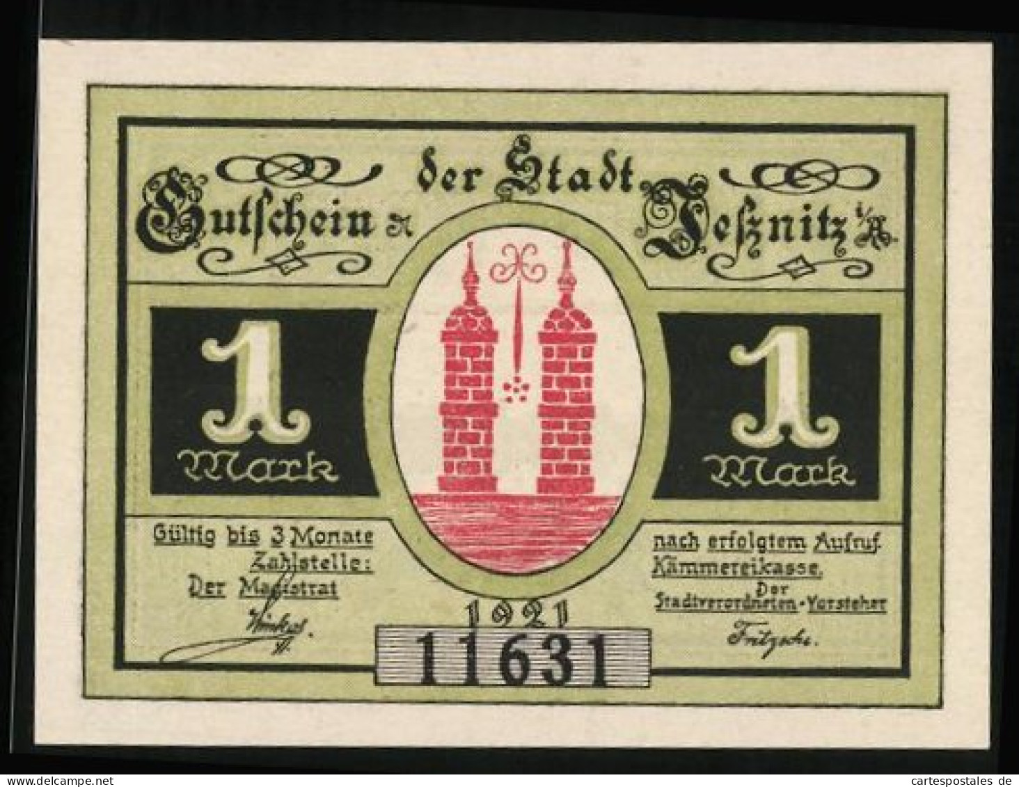 Notgeld Jessnitz I. A. 1921, 1 Mark, Panorama Und Seepartie, Wappen, Gutschein  - [11] Local Banknote Issues