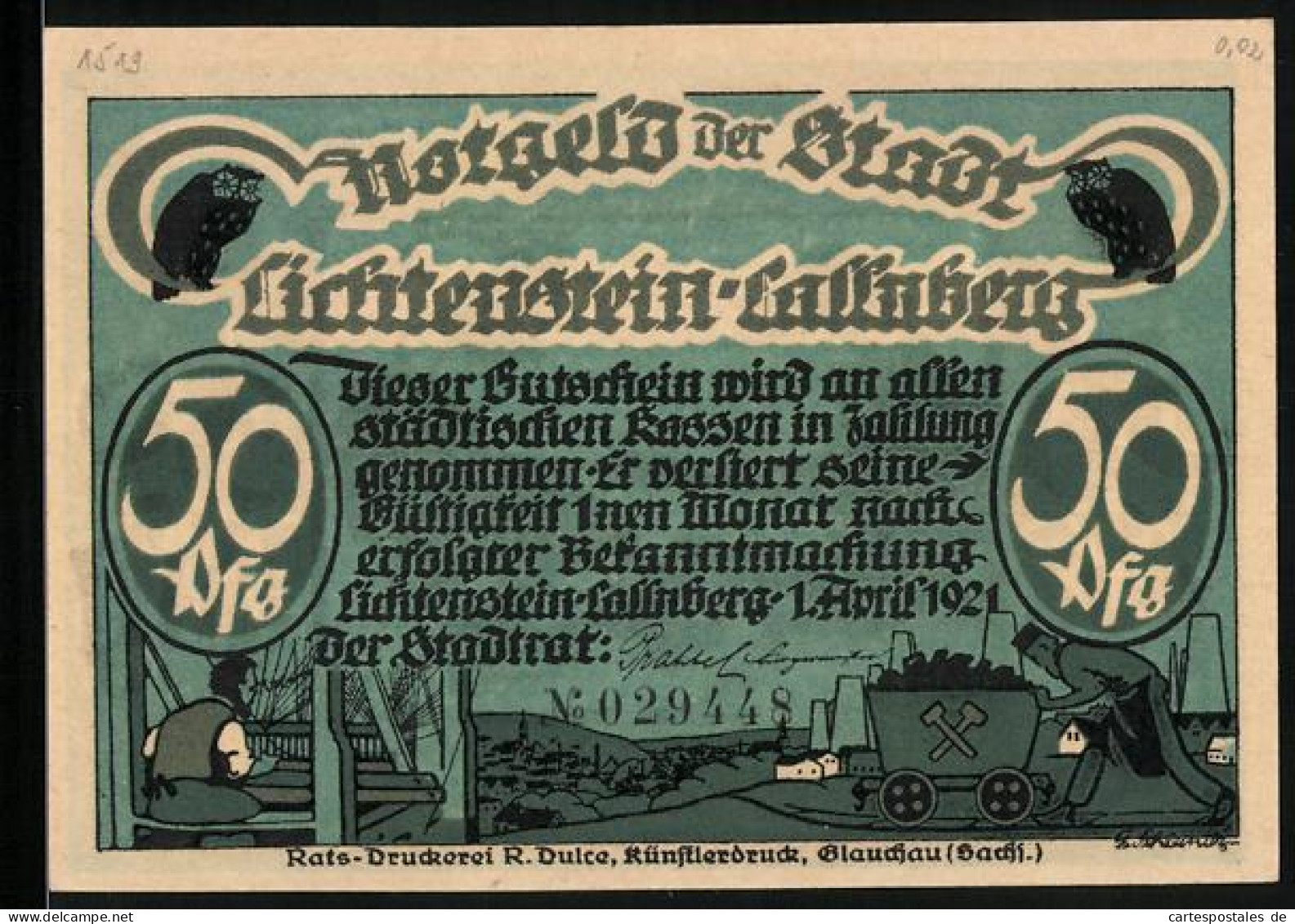 Notgeld Lichtenstein-Callnberg 1921, 50 Pfennig, Arbeiter Am Webstuhl U. Im Bergwerk, Satan Fängt An Zu Witzeln  - [11] Emissioni Locali