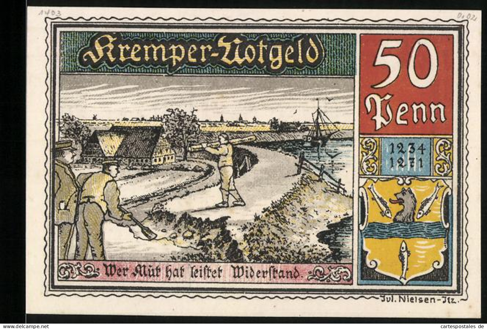 Notgeld Krempe 1920, 50 Pfennig, Arbeiter Beim Deichbau, Kremper Vogelschiessen, Wappen  - [11] Emissioni Locali