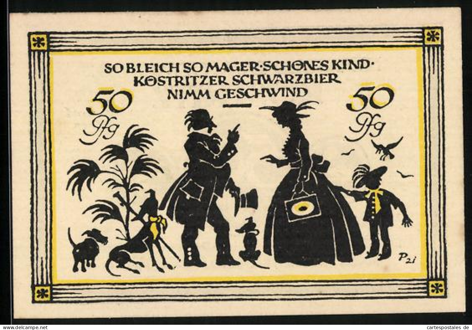 Notgeld Köstritz 1921, 50 Pfennig, Mann Empfiehlt Der Dame Köstritzer Schwarzbier Zur Stärkung, Gutschein  - [11] Local Banknote Issues