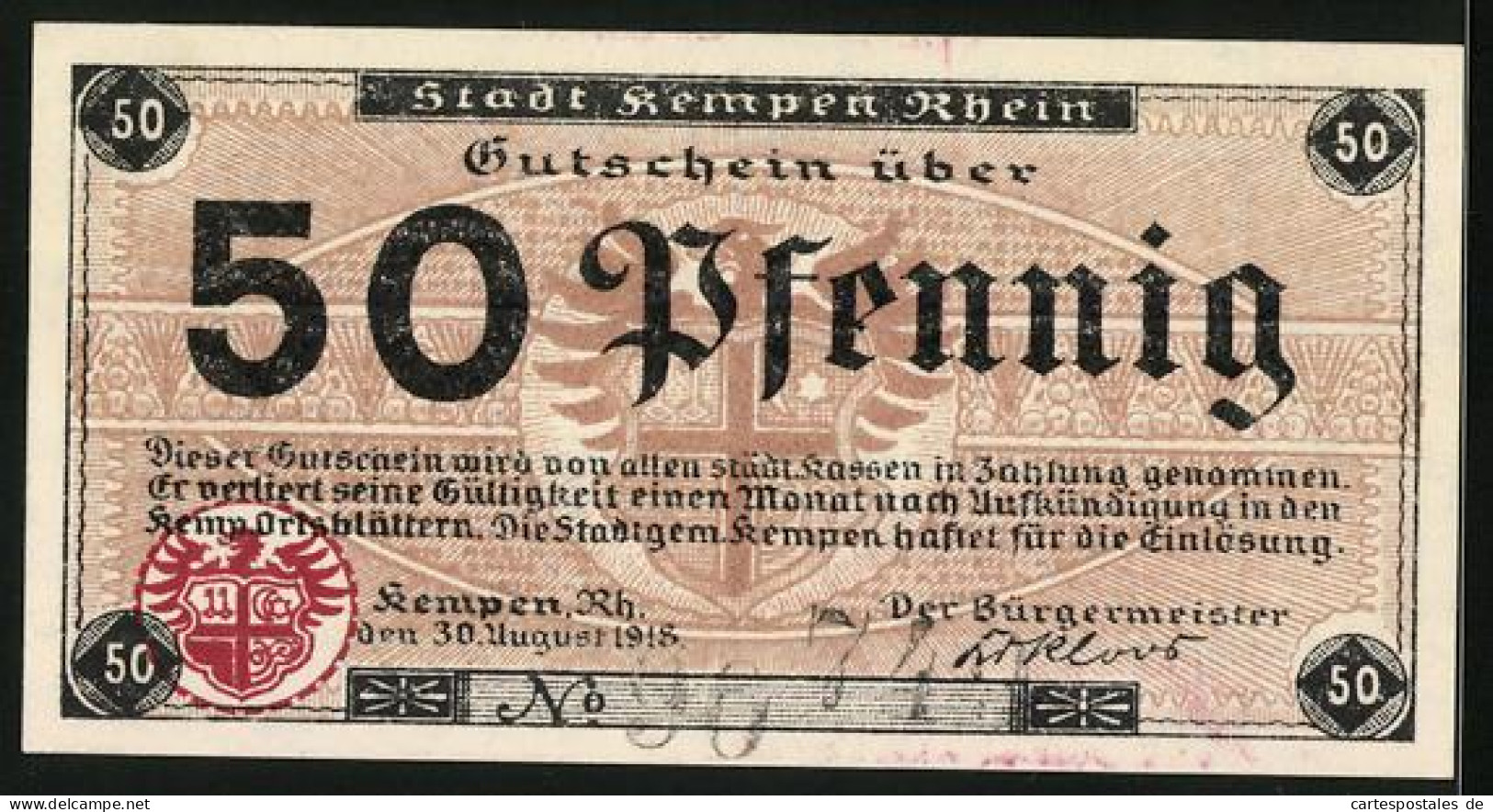 Notgeld Kempen /Rhein 1918, 50 Pfennig, Ortspartie Und Wappen, Gutschein  - [11] Emissioni Locali