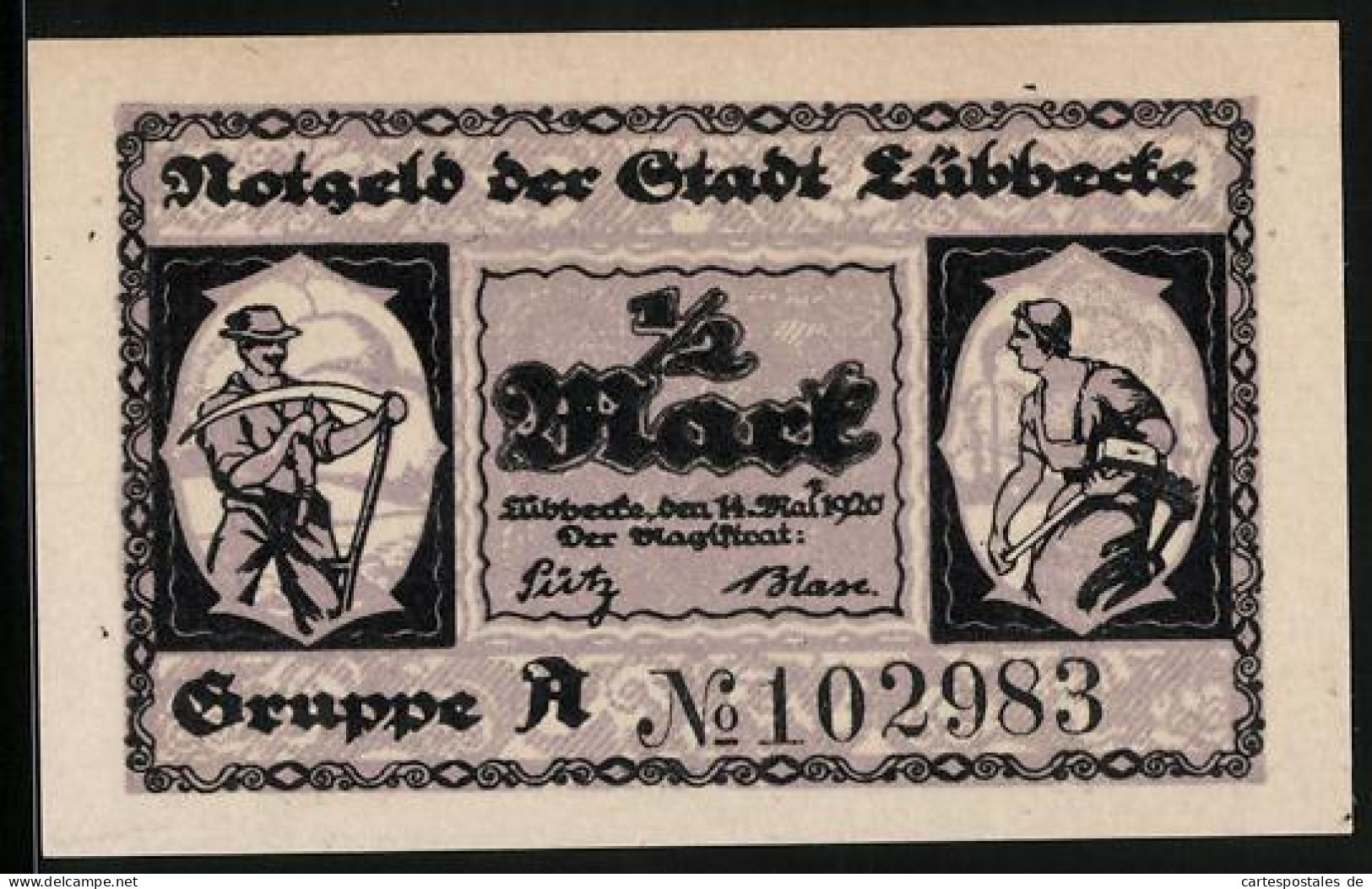 Notgeld Lübbecke I. W. 1920, 1 /2 Mark, Arbeiter Mit Ihren Gerätschaften, Wappen  - [11] Local Banknote Issues