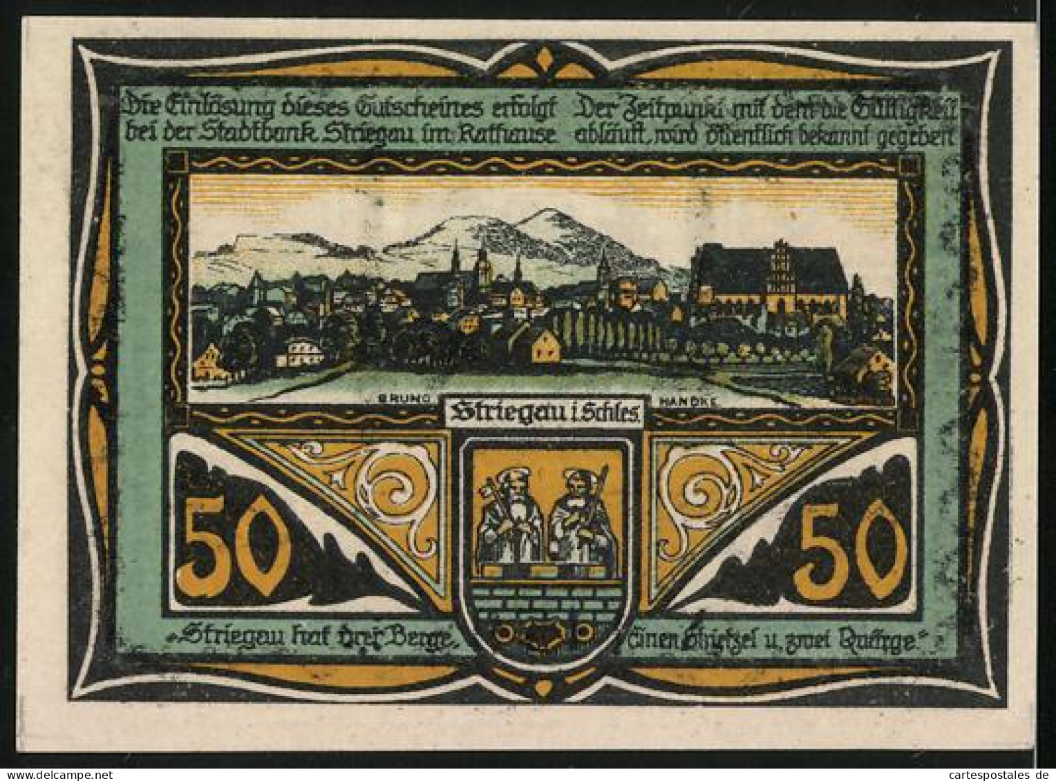 Notgeld Striegau I. Schl. 1920, 50 Pfennig, Ortsansicht Und Rathaus, Bienenstöcke Und Wappen  - [11] Emissioni Locali