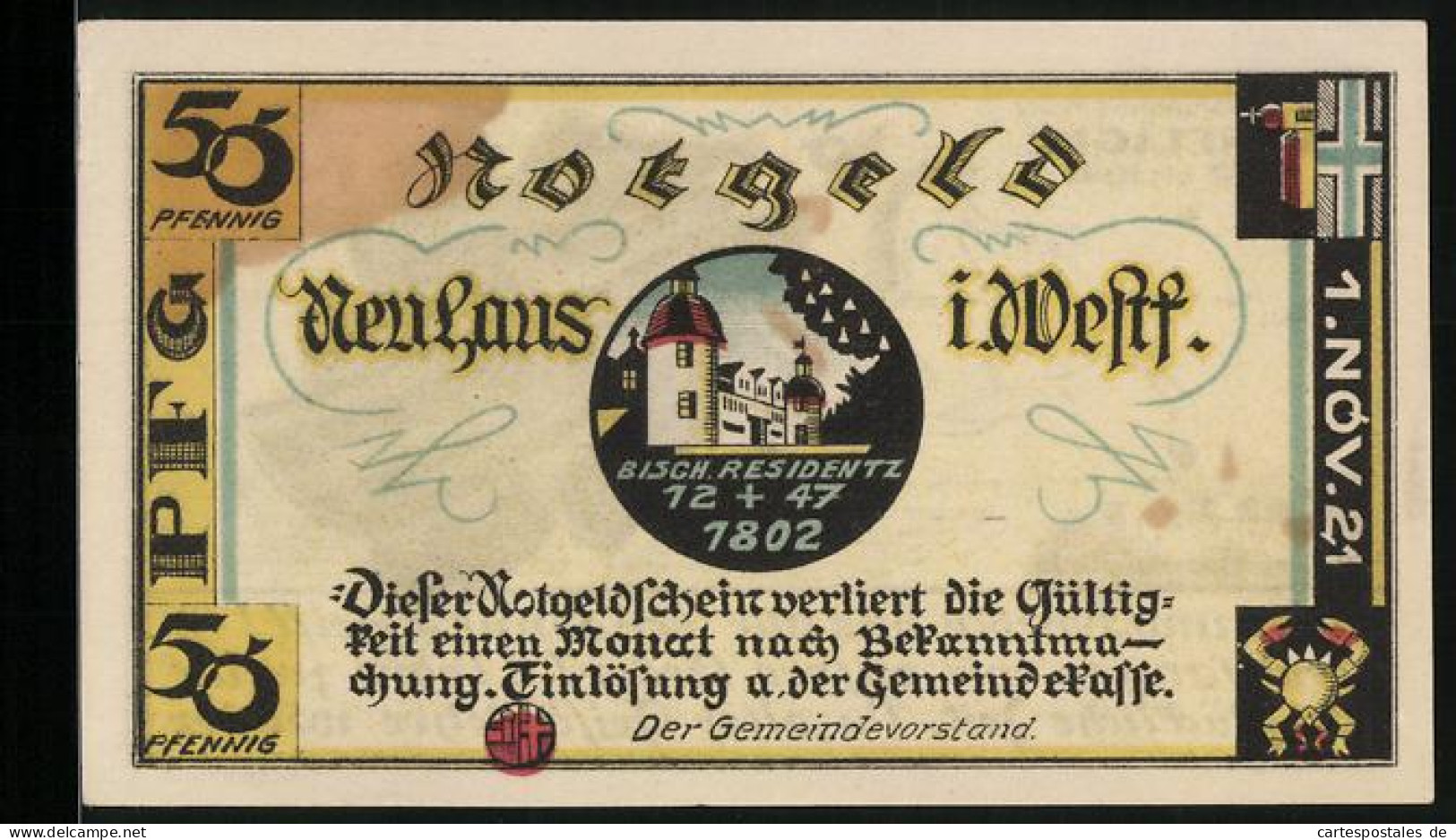 Notgeld Neuhaus I. Westf. 1921, 50 Pfennig, Bisch. Residenz, Truppenübungsplatz Sennelager 1892 Bis 1921  - [11] Emissions Locales
