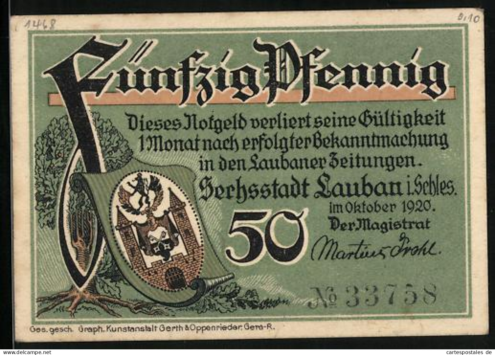 Notgeld Lauban I. Schl. 1920, 50 Pfennig, Panorama Und Wappen  - [11] Local Banknote Issues