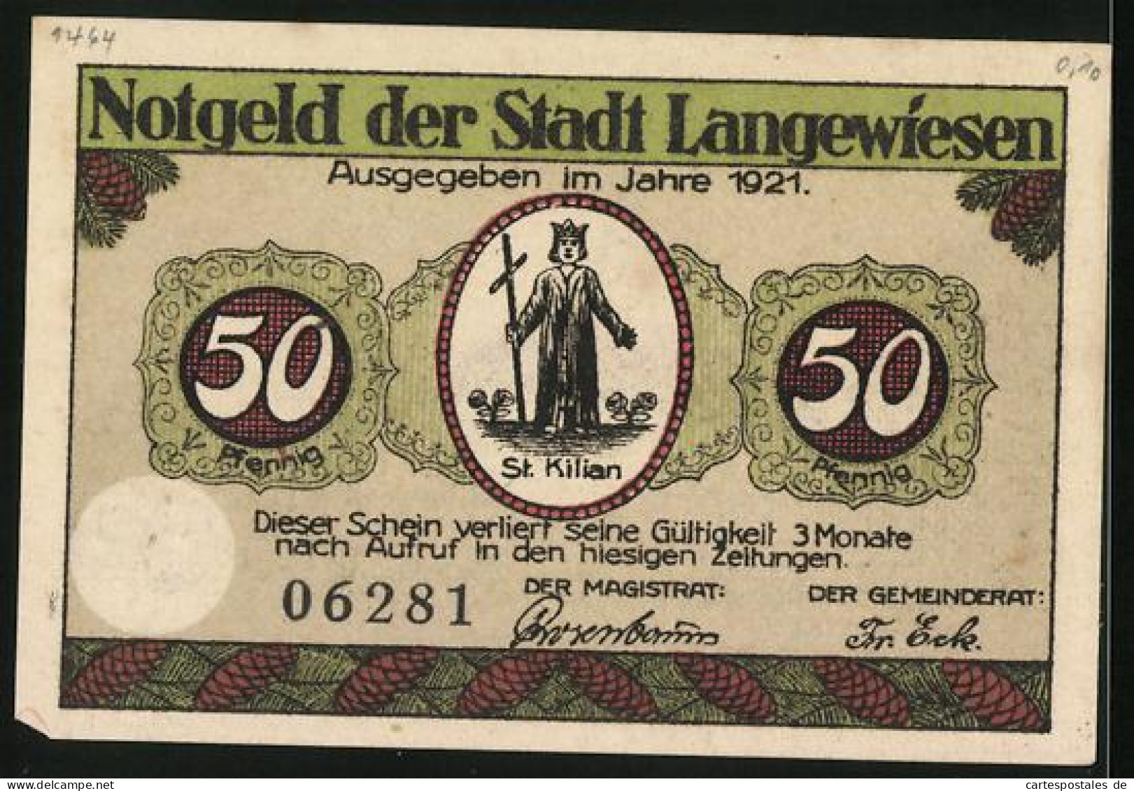 Notgeld Langewiesen /Thür. 1921, 50 Pfennig, Rathaus Und St. Kilian  - [11] Local Banknote Issues