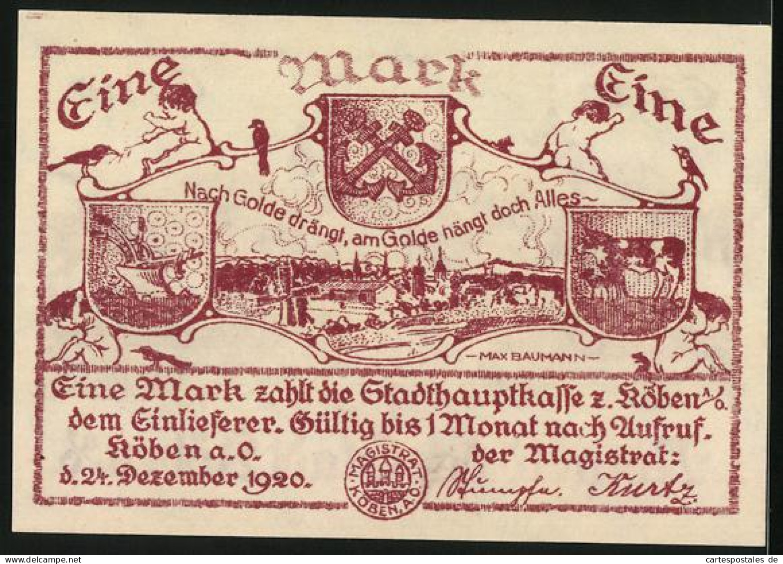 Notgeld Köben A. O. 1920, 1 Mark, Stadtpanorama Und Wappen  - [11] Local Banknote Issues