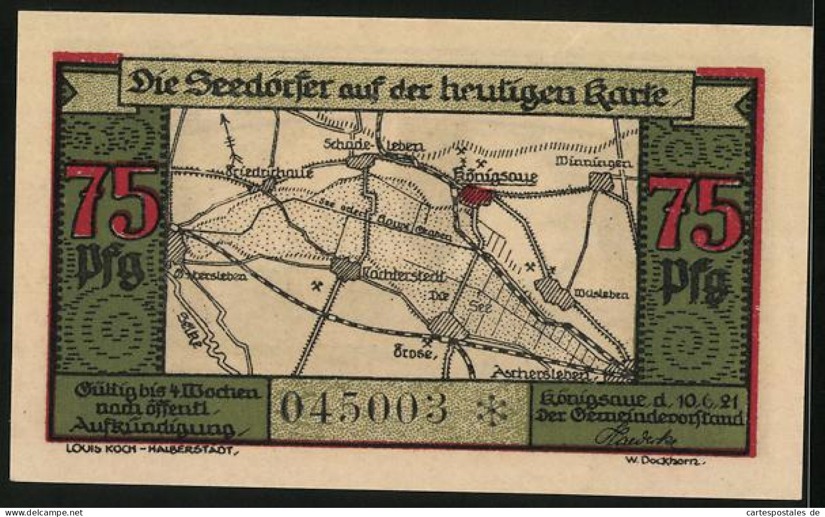 Notgeld Königsaue 1921, 75 Pfennig, Stadtpanorama Und Landkarte  - [11] Local Banknote Issues