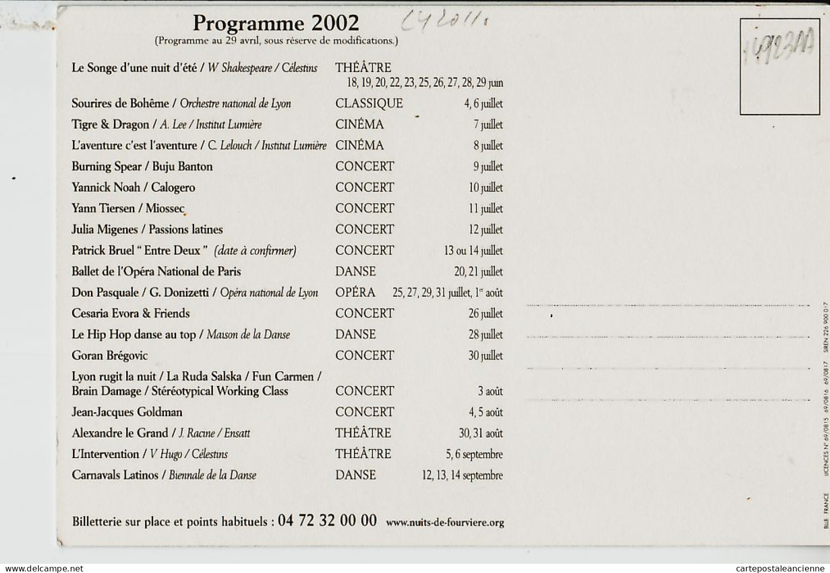 01457 / LYON 69-Rhone Les NUITS De FOURVIERE Juin Septembre 2002 Programme THEATRES ROMAINS Conseil General CPPUB  - Lyon 1