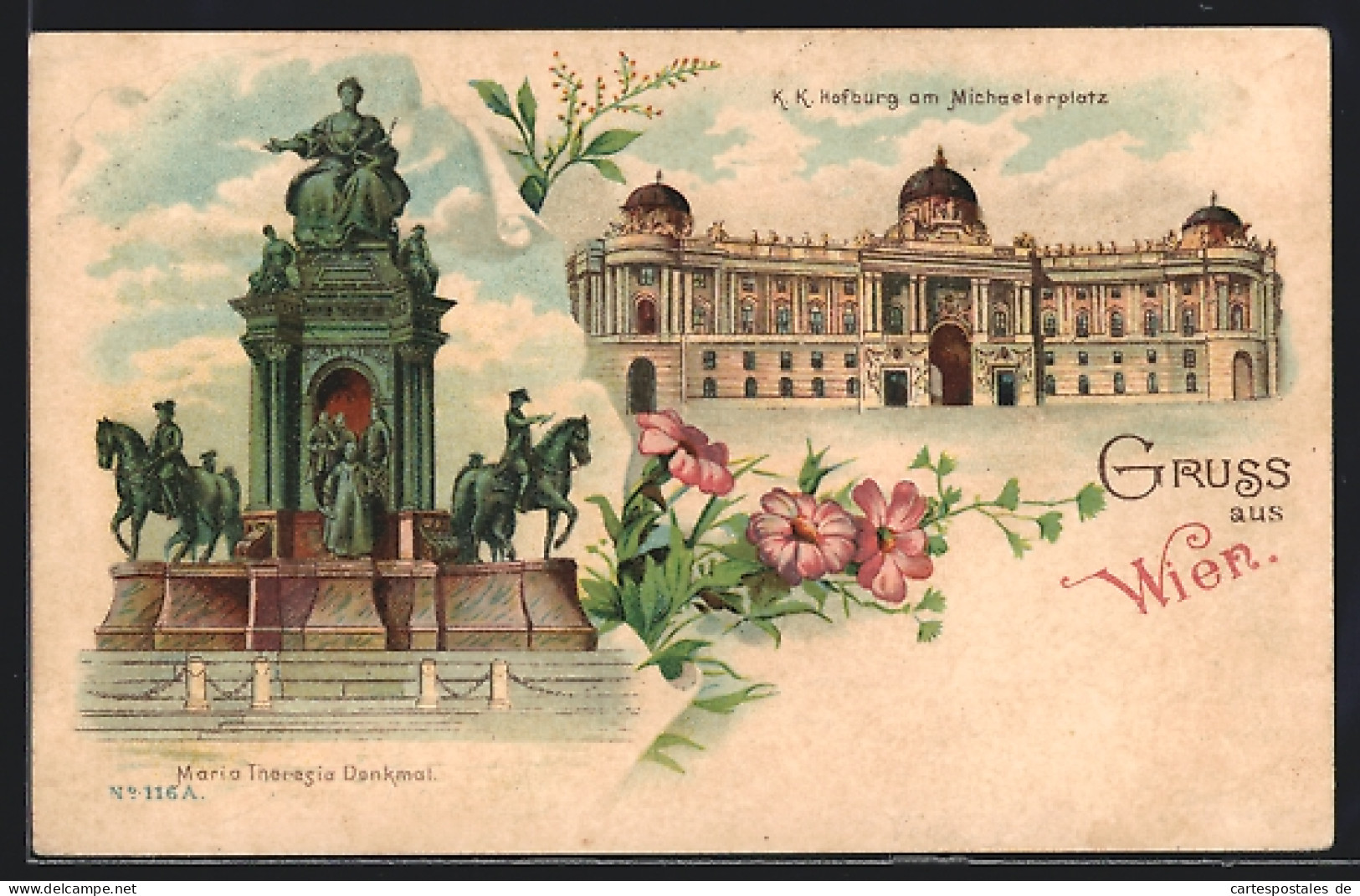 Lithographie Wien, Maria Theresia Denkmal Und Hofburg Am Miachaelerplatz  - Autres & Non Classés