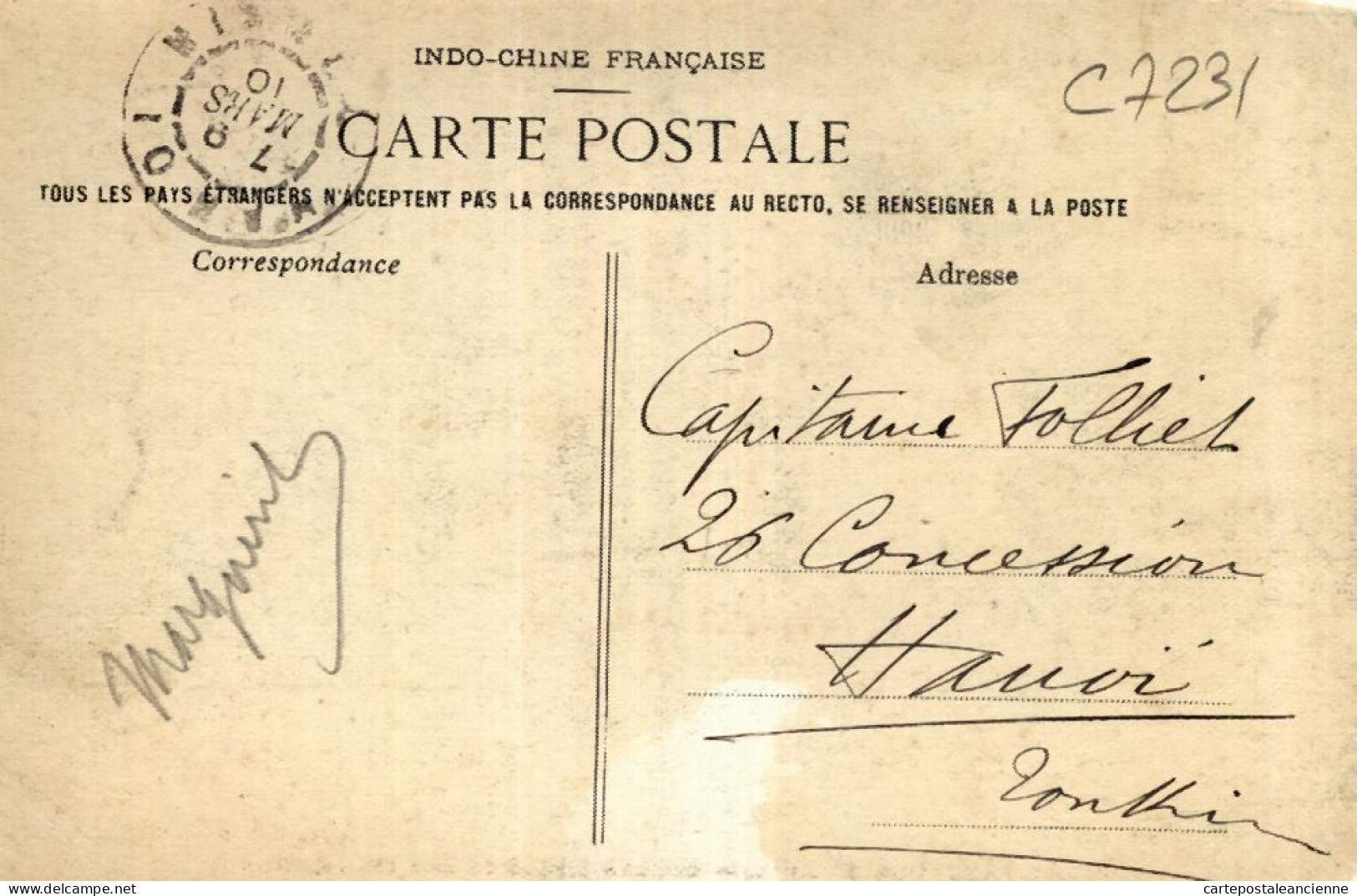 01016 ● CHOLON Cochinchine Hotel De Ville Inspection 1910 à Capitaine FOLLIET 26 Concession Hanoï Tonkin POUJADE LADEVEZ - Viêt-Nam