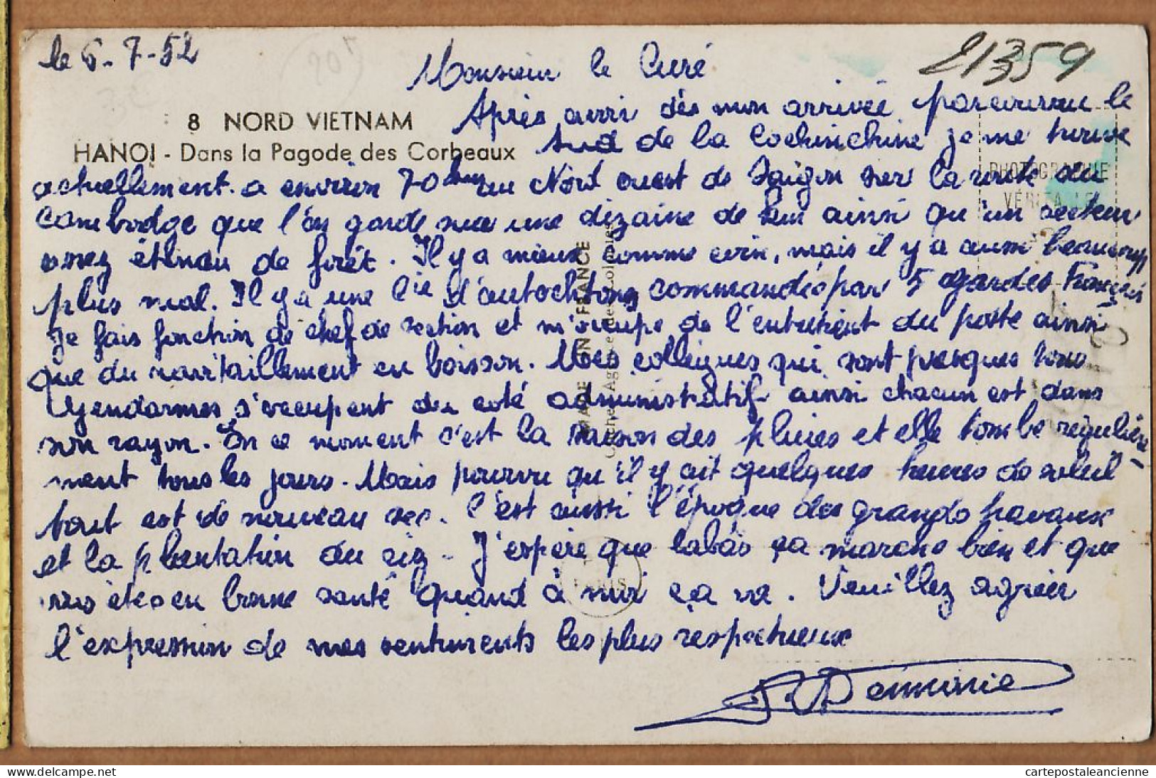 01023 ● Lisez 07.06.1952 Lettre Militaire à Monsieur Curé Viet-Nam Indochine SAIGON Pagode Corbeaux Agence Des Colonies - Viêt-Nam